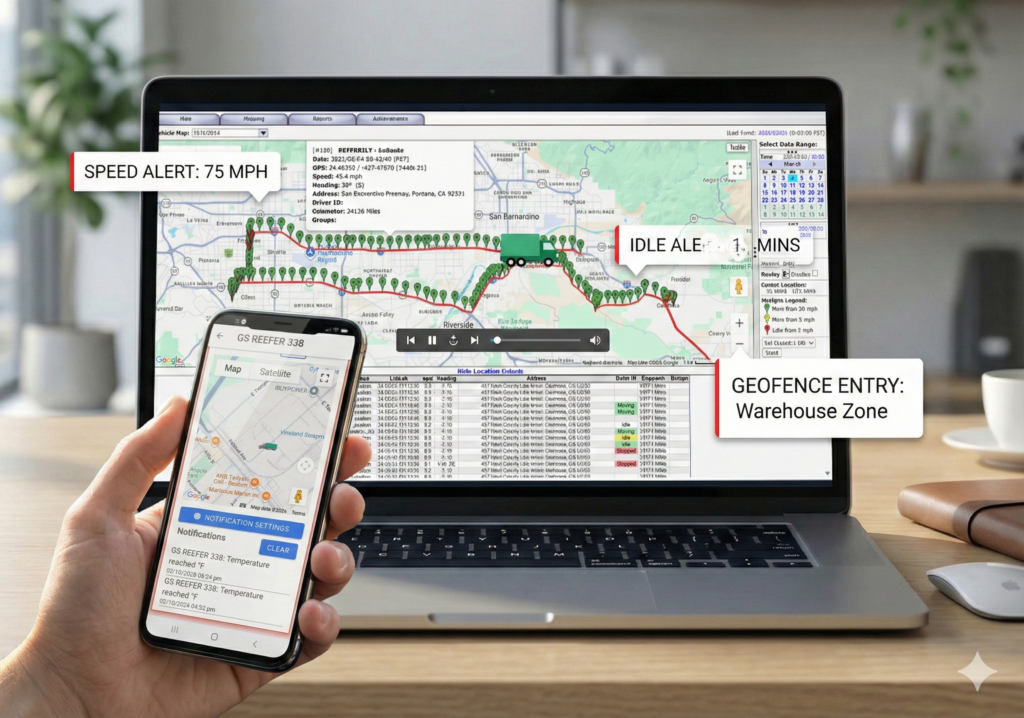 ETA Track Plus web platform route replay and breadcrumb trail